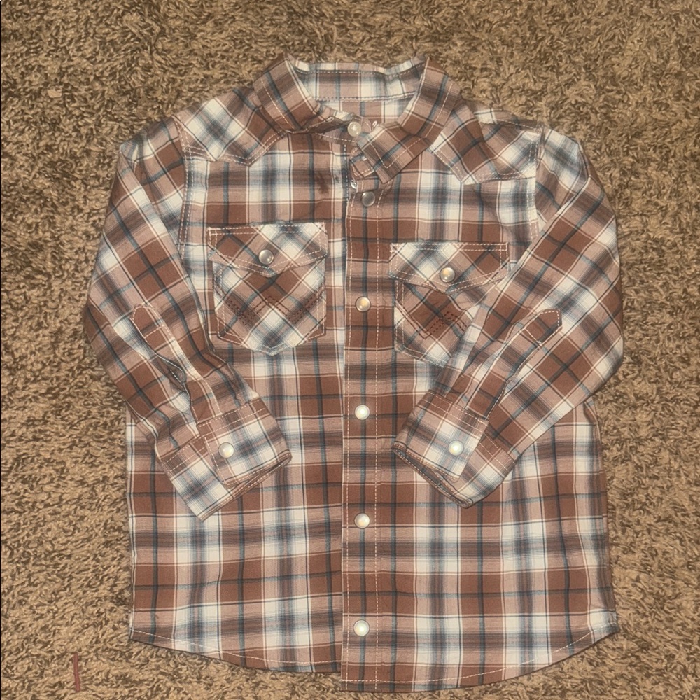 Wrangler Brown and Blue Plaid Kids Button-Down Shirt
